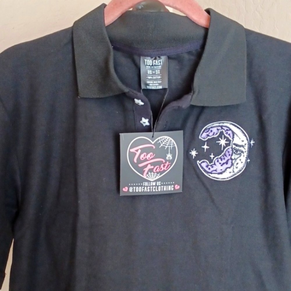 TOO FAST 3X BLACK SHORT-SLEEVED CROPPED STAR BUTTON MOON EMBROIDERY  POLO TOP